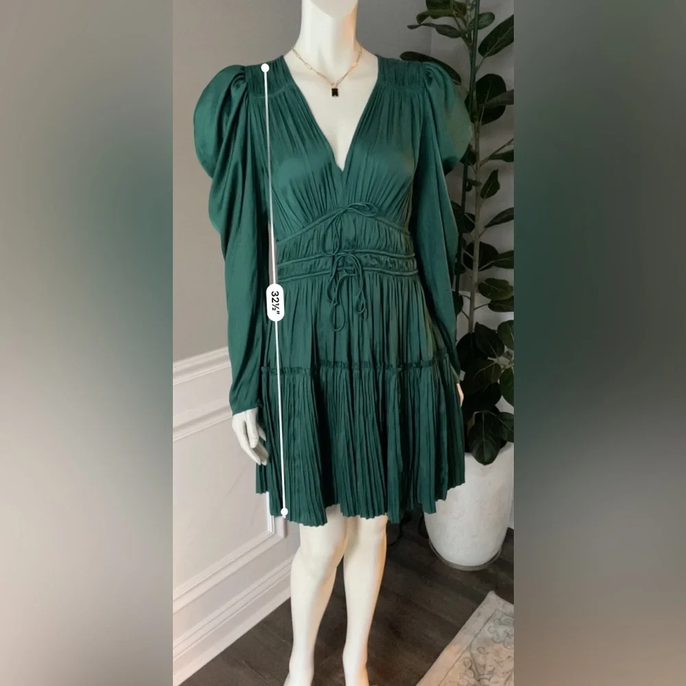 ULLA JOHNSON Lu Bow-Detailed Pleated Satin Mini Dress in Green sz US 0 NWT 590$ - Picture 11 of 14